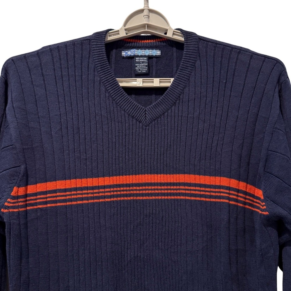 XG V-Neck Sweater Long Sleeve Striped Navy‎ Orange Ribbed Knit Mens Size Large